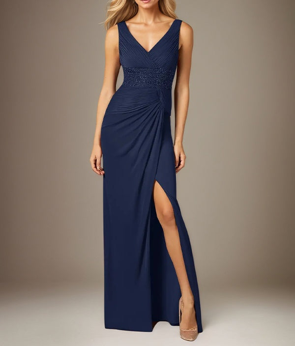 Dark Navy Chiffon V-Neck Sleeveless Floor Length Dress With High Slit