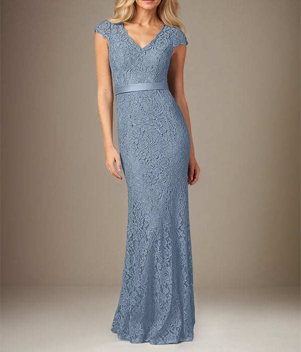 Dusty Blue Chiffon V-Neck Short Sleeves Floor Length Dress With Appliques