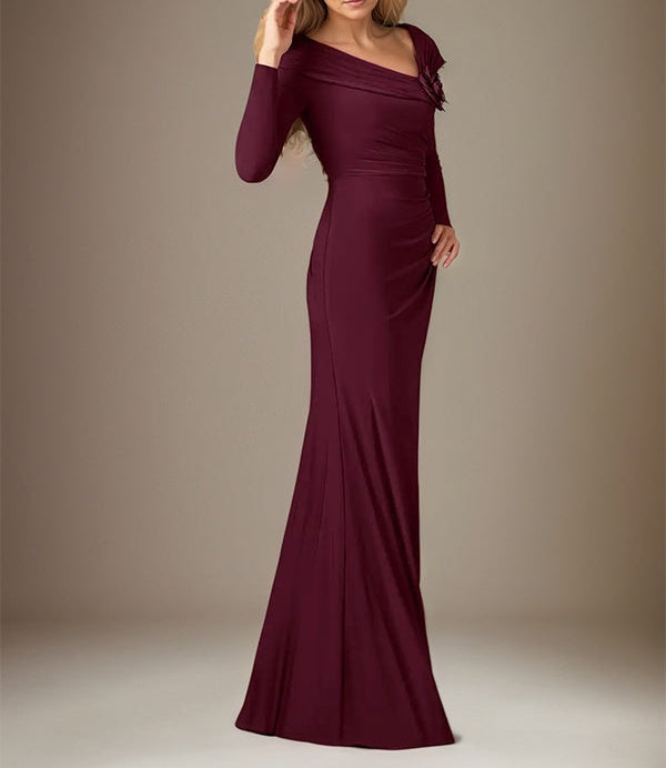 Cabernet Satin Asymmetrical Neck Long Sleeves Floor Length Dress With 3D Flower