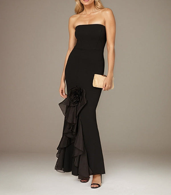 Black Stretch Crepe Off the Shoulder Sleeveless Ankle Length Dress With 3D Flower