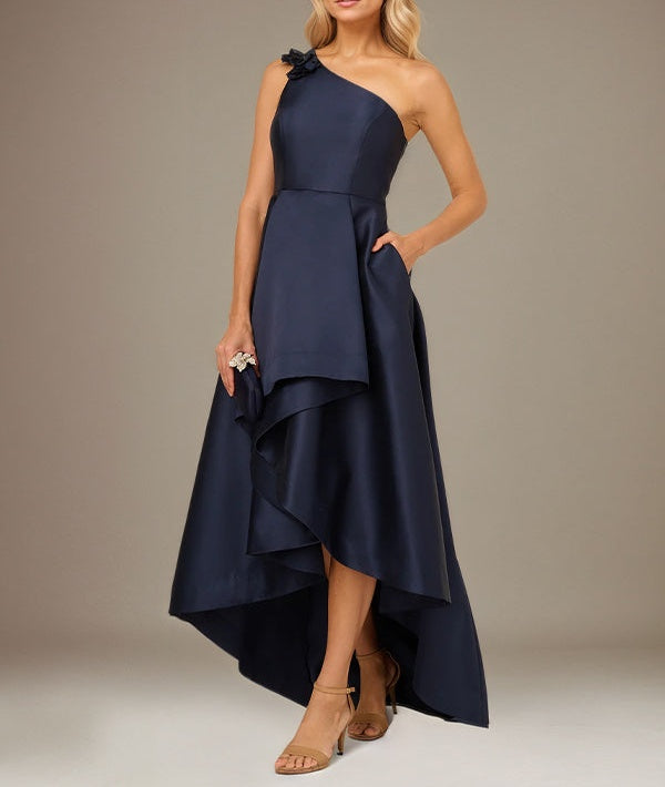 Royal Blue A Line Stretch Crepe One Shoulder Sleeveless  Asymmetrical Length Dress