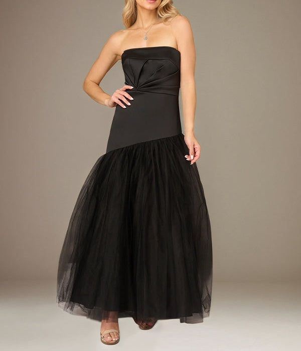 Black A Line Stretch Crepe Off the Shoulder Sleeveless Floor Length Dress With Tulle