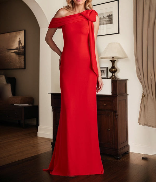 Red Sheath/Column One Shoulder Floor Length Mother of the Bride Dress With Bow