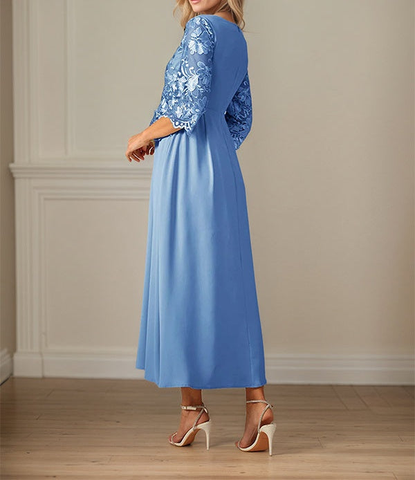 Crew Neck  A Line Ruffle Ruched Lace Maxi Dress Mother Of The Bride Dress