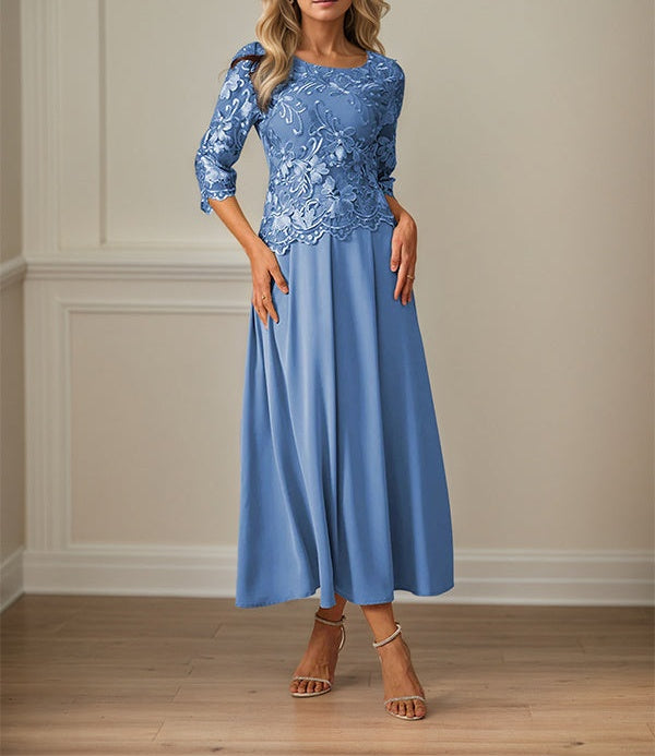 Crew Neck  A Line Ruffle Ruched Lace Maxi Dress Mother Of The Bride Dress