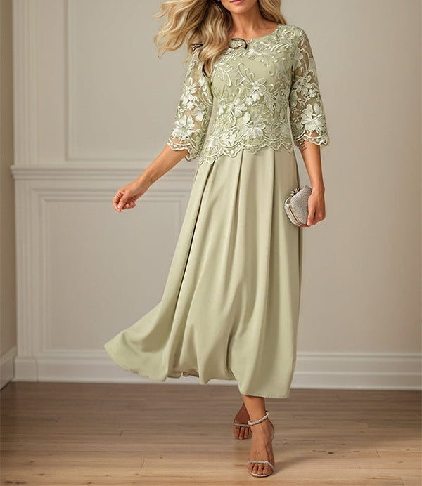 Crew Neck  A Line Ruffle Ruched Lace Maxi Dress Mother Of The Bride Dress
