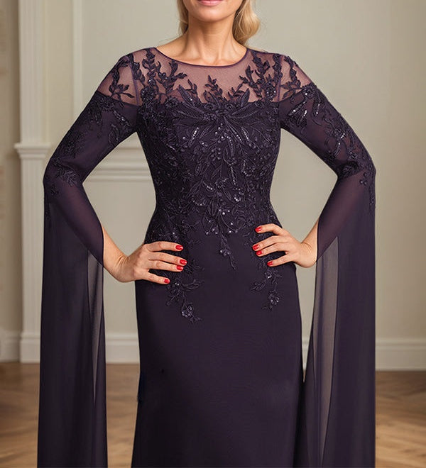 Sheath/Column Scoop 1/2 Sleeve Floor-Length Lace Chiffon Mother of the Bride Dress With Sequins