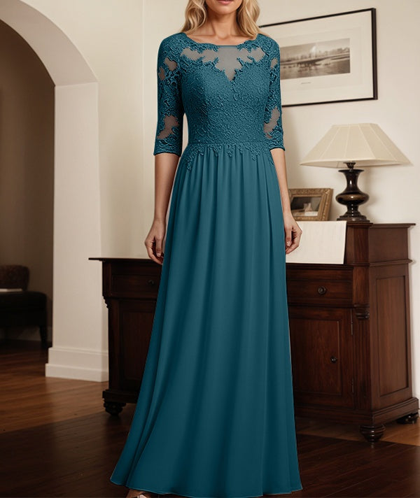 A-Line Scoop Neck 1/2 Sleeves Chiffon Mother Of The Bride Dresses With Lace Appliques