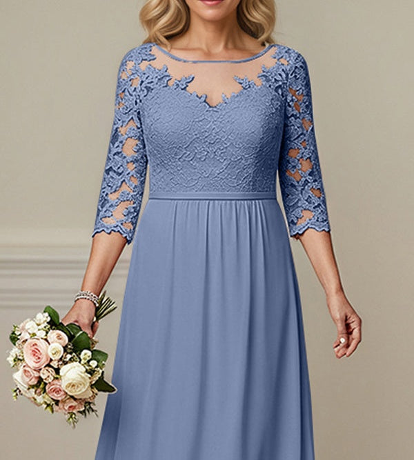 A-Line Illusion Neck 2/3 Sleeves Chiffon Mother Of The Bride Dresses With Appliques Lace