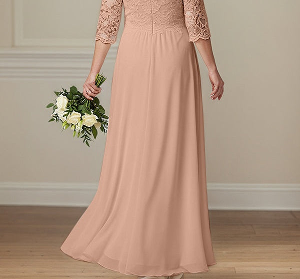 A-Line Illusion Neck 1/2 Sleeves Chiffon Mother Of The Bride Dresses With Appliques Lace