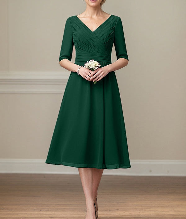 Dark Green A-line V-Neck Tea-Length Chiffon Mother of the Bride Dress With Pleated