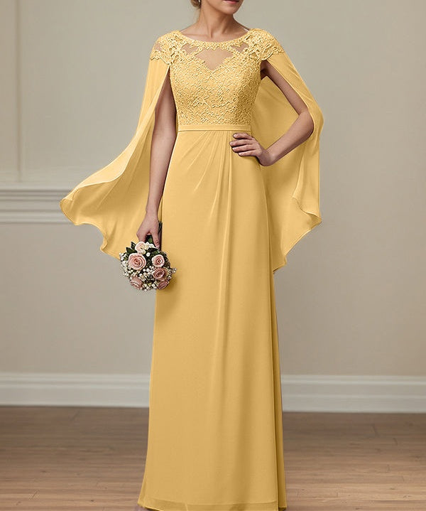 Gold A-line Scoop Illusion Floor-Length Lace Chiffon Mother of the Bride Dress With Appliques