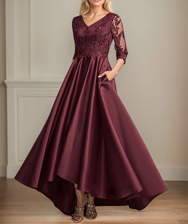 A-line V-Neck Asymmetrical Satin Lace Mother of the Bride Dress With Sequins