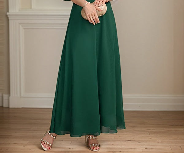 A-line V-Neck Ankle-Length Chiffon Mother of the Bride Dress With Pleated Sequins Beading