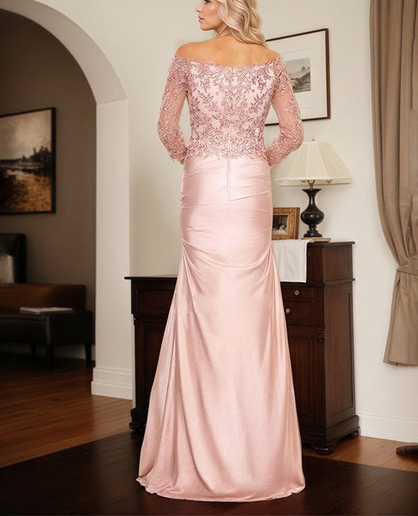 Semi Sheer LIlusion Sleeves Ruched Waist Mother Of The Bride Dresses With Off Shoulder