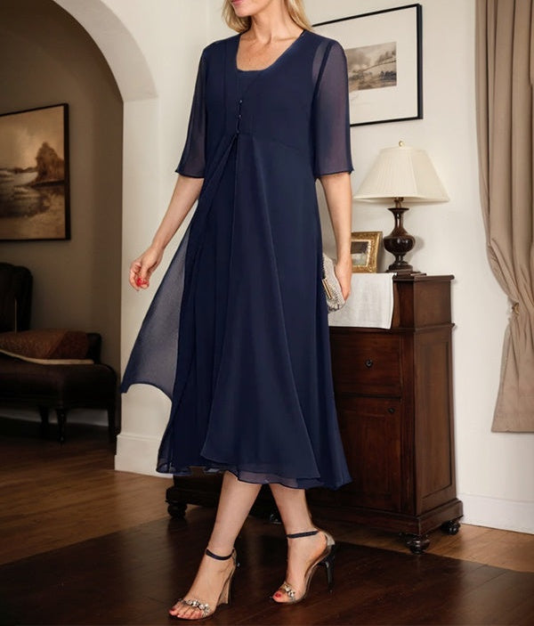 A-line Square Tea-Length Chiffon Mother of the Bride Dress