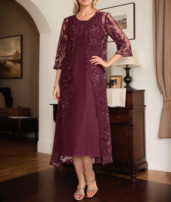 Cabernet A Line Scoop Tea-Length Lace Chiffon Mother of the Bride Dress