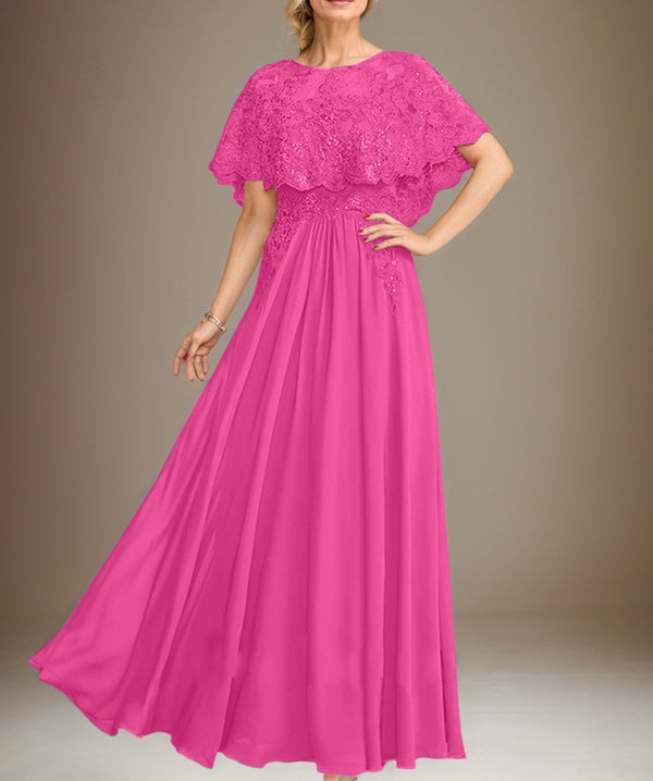A-line Boat Neck Floor-Length Lace Chiffon Mother of the Bride Dress With Applique Sequins