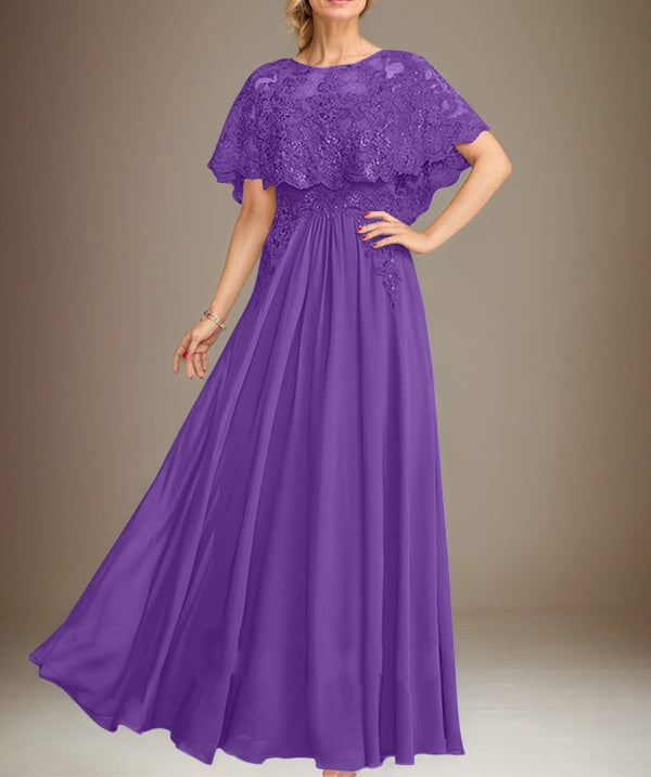 A-line Boat Neck Floor-Length Lace Chiffon Mother of the Bride Dress With Applique Sequins