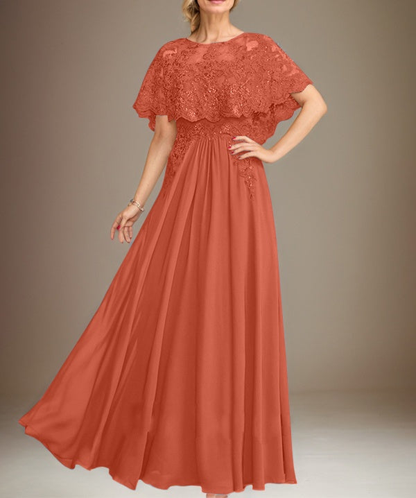A-line Boat Neck Floor-Length Lace Chiffon Mother of the Bride Dress With Applique Sequins