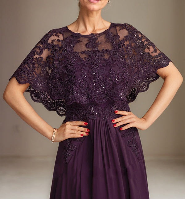 A-line Boat Neck Floor-Length Lace Chiffon Mother of the Bride Dress With Applique Sequins