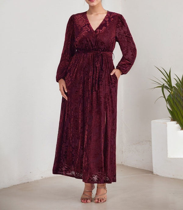 A-Line V-Neck Long Sleeves Velvet Tea-Length Mother of the Bride Dress With Split