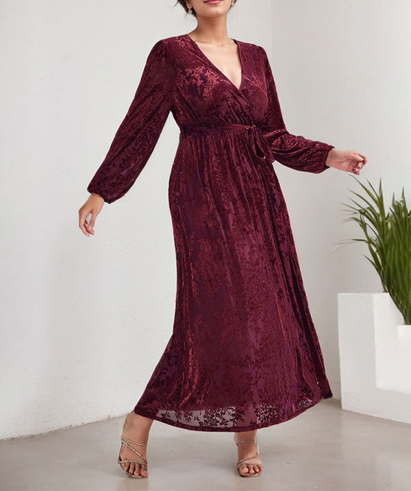 A-Line V-Neck Long Sleeves Velvet Tea-Length Mother of the Bride Dress With Split