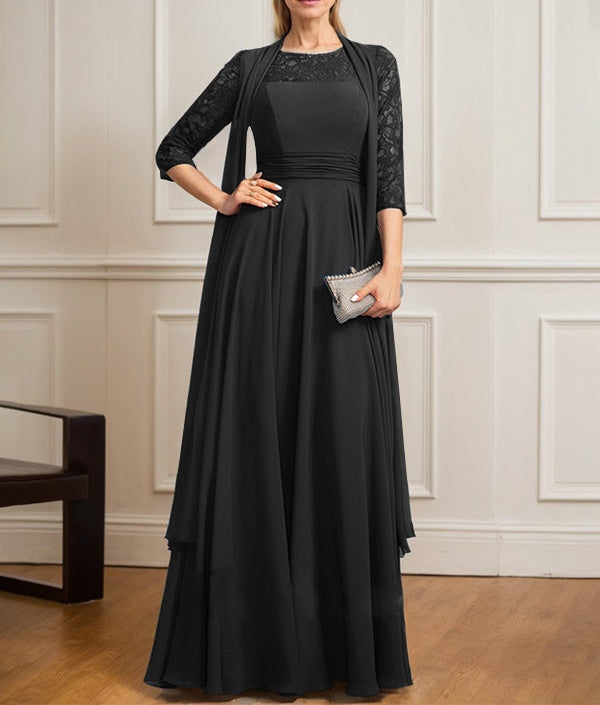 A-line Scoop Illusion Floor-Length Lace Chiffon Mother of the Bride Dress With Pleated