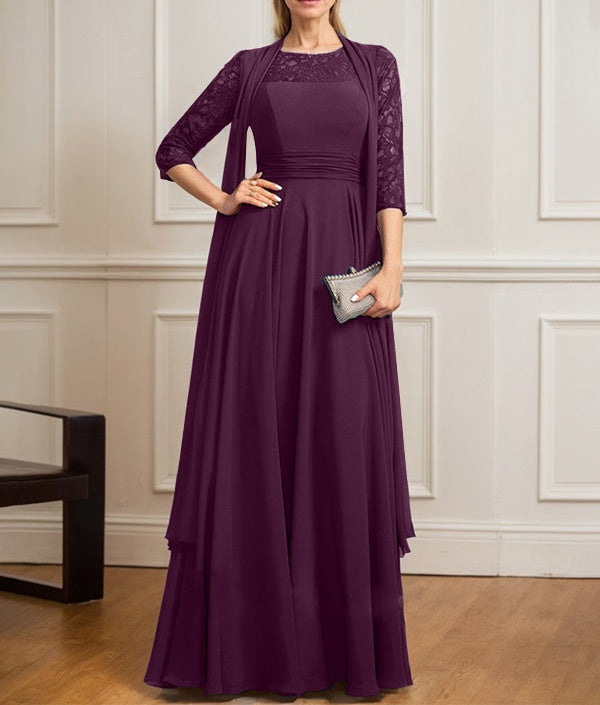 A-line Scoop Illusion Floor-Length Lace Chiffon Mother of the Bride Dress With Pleated