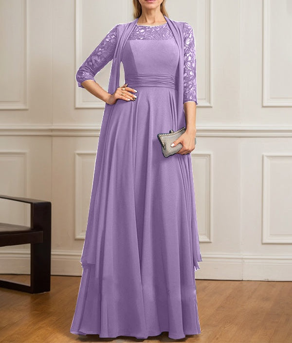 A-line Scoop Illusion Floor-Length Lace Chiffon Mother of the Bride Dress With Pleated