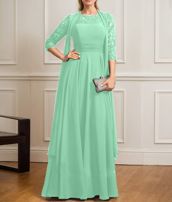 A-line Scoop Illusion Floor-Length Lace Chiffon Mother of the Bride Dress With Pleated