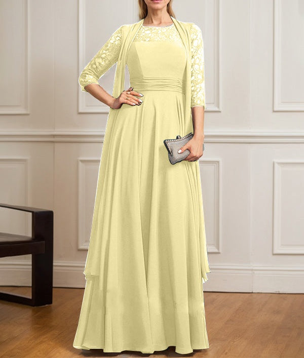 A-line Scoop Illusion Floor-Length Lace Chiffon Mother of the Bride Dress With Pleated