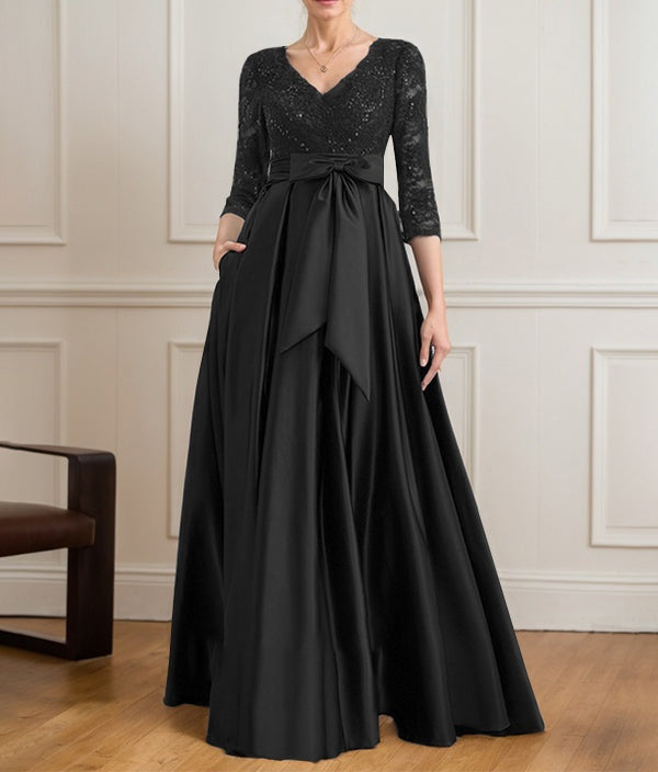 A-line V-Neck Floor-Length Satin Lace Mother of the Bride Dress With Sequins Bow