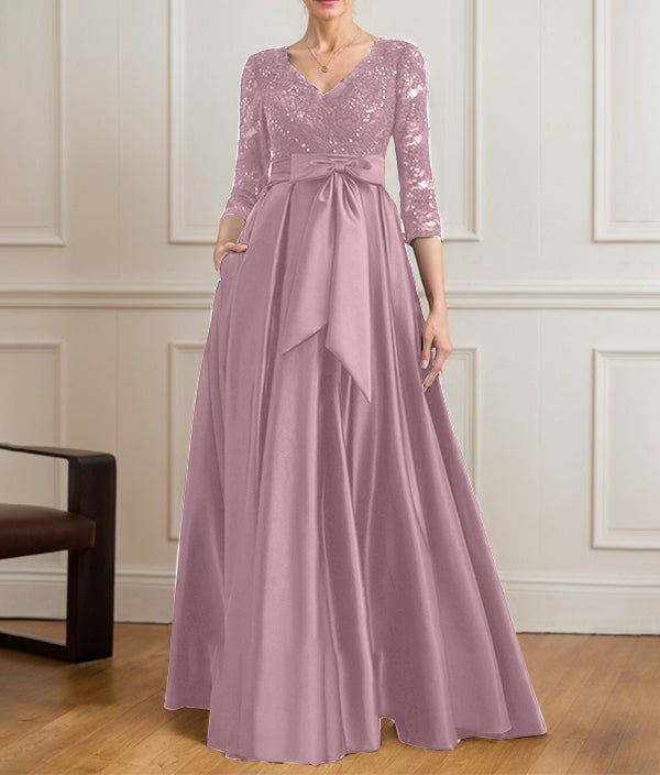 A-line V-Neck Floor-Length Satin Lace Mother of the Bride Dress With Sequins Bow