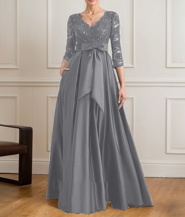 A-line V-Neck Floor-Length Satin Lace Mother of the Bride Dress With Sequins Bow