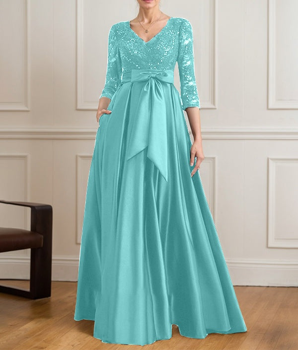 A-line V-Neck Floor-Length Satin Lace Mother of the Bride Dress With Sequins Bow