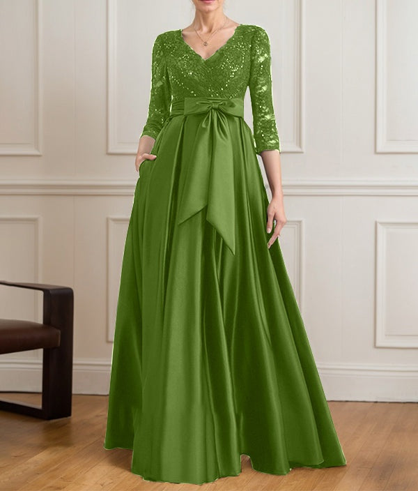 A-line V-Neck Floor-Length Satin Lace Mother of the Bride Dress With Sequins Bow