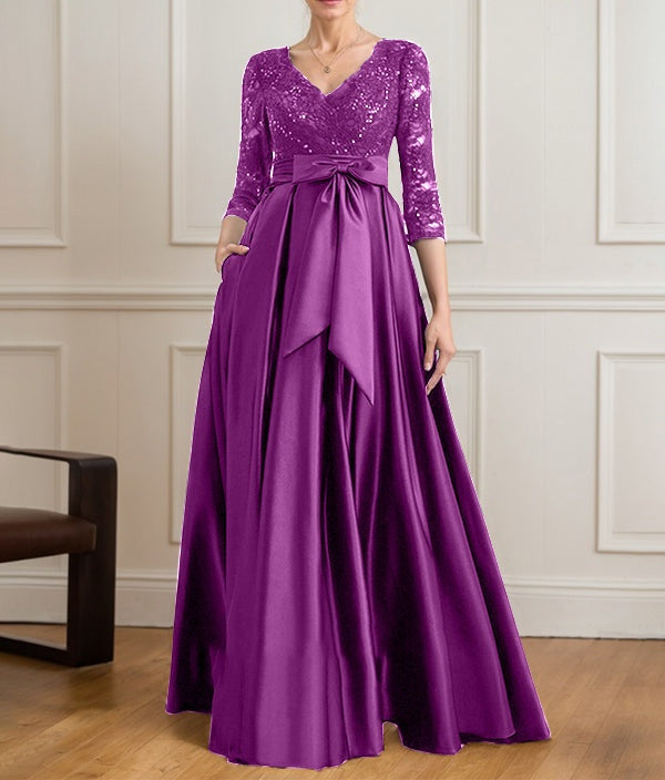 A-line V-Neck Floor-Length Satin Lace Mother of the Bride Dress With Sequins Bow