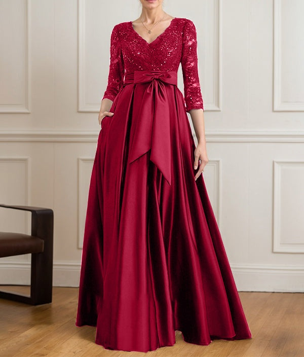 A-line V-Neck Floor-Length Satin Lace Mother of the Bride Dress With Sequins Bow