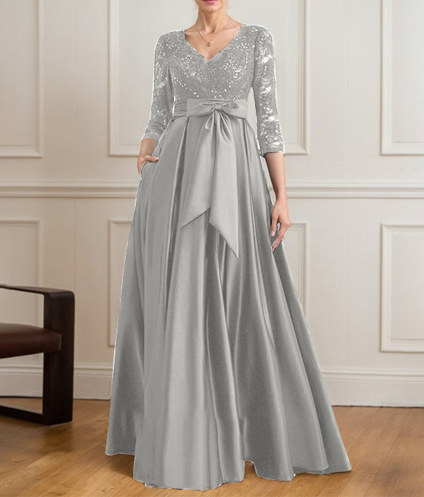 A-line V-Neck Floor-Length Satin Lace Mother of the Bride Dress With Sequins Bow