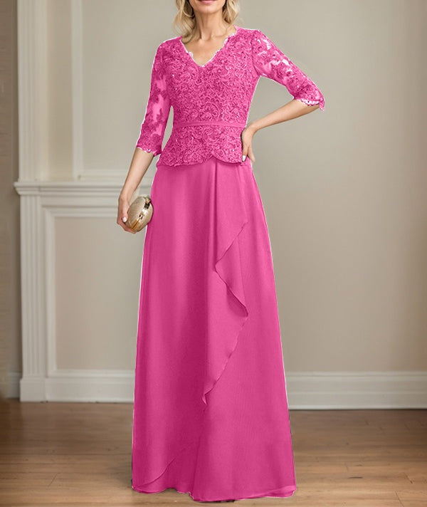 A-line V-Neck Floor-Length Lace Chiffon Mother of the Bride Dress With Cascading Ruffles Sequins