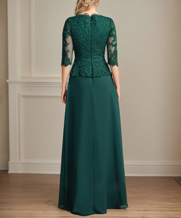 A-line V-Neck Floor-Length Lace Chiffon Mother of the Bride Dress With Cascading Ruffles Sequins
