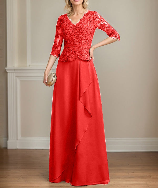 A-line V-Neck Floor-Length Lace Chiffon Mother of the Bride Dress With Cascading Ruffles Sequins