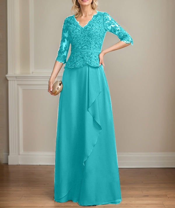 A-line V-Neck Floor-Length Lace Chiffon Mother of the Bride Dress With Cascading Ruffles Sequins