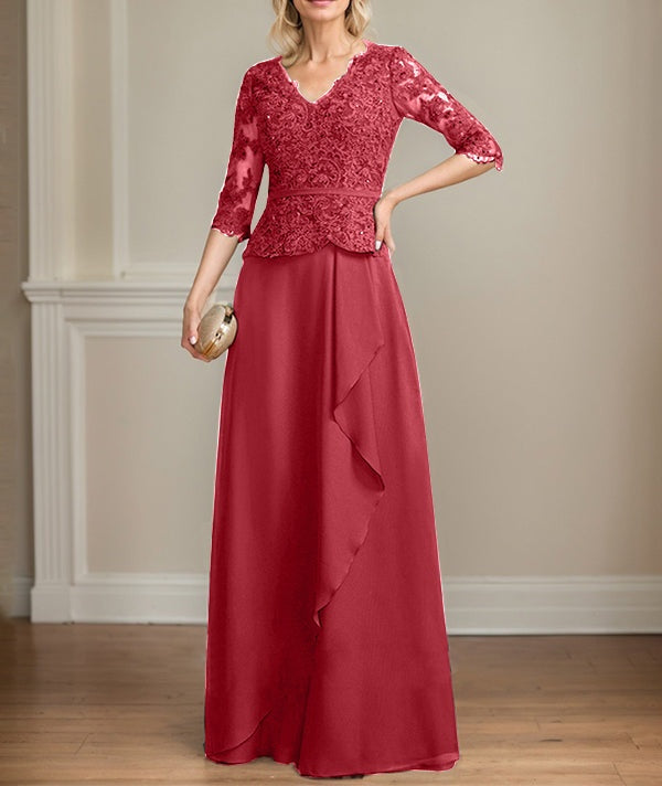 A-line V-Neck Floor-Length Lace Chiffon Mother of the Bride Dress With Cascading Ruffles Sequins