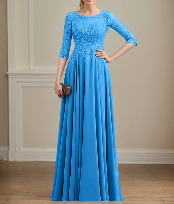 A-line Scoop Illusion Floor-Length Lace Chiffon Mother of the Bride Dress With Sequins