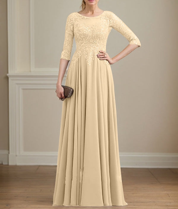 A-line Scoop Illusion Floor-Length Lace Chiffon Mother of the Bride Dress With Sequins