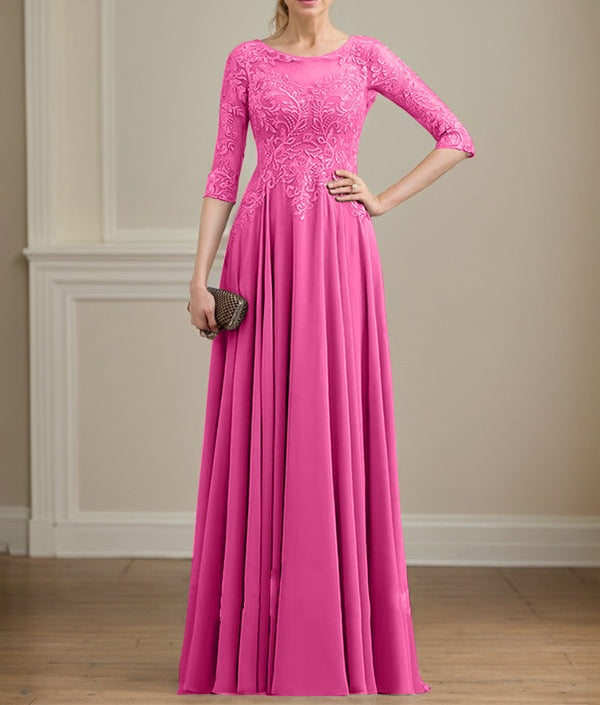A-line Scoop Illusion Floor-Length Lace Chiffon Mother of the Bride Dress With Sequins