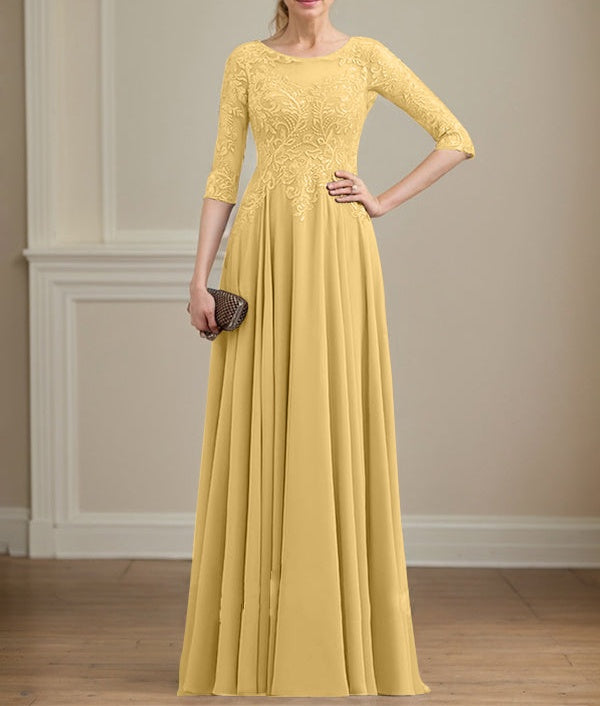 A-line Scoop Illusion Floor-Length Lace Chiffon Mother of the Bride Dress With Sequins
