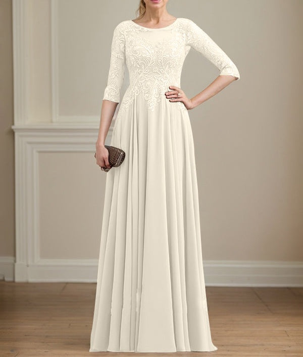 A-line Scoop Illusion Floor-Length Lace Chiffon Mother of the Bride Dress With Sequins